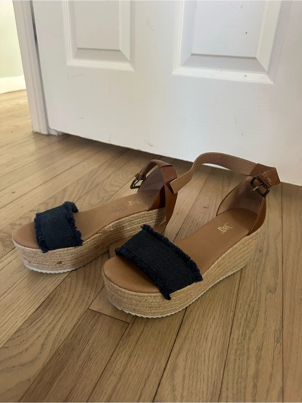 Women's Tan Espadrille Wedge Sandals with Navy Strap